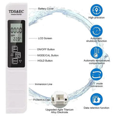 Portable Digital Water TDS, EC & Temperature Meter (3-in-1) – With ATC Function, 1ppm Resolution