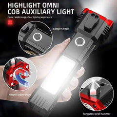 🔦 High-Power LED Torch Light – Rechargeable Flashlight With Tactical Hammer & Power Bank (With Box, Random Color)